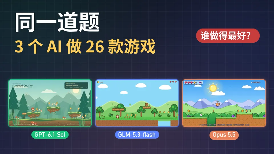 同一道题，3 个 AI 各做 26 款 2D 游戏